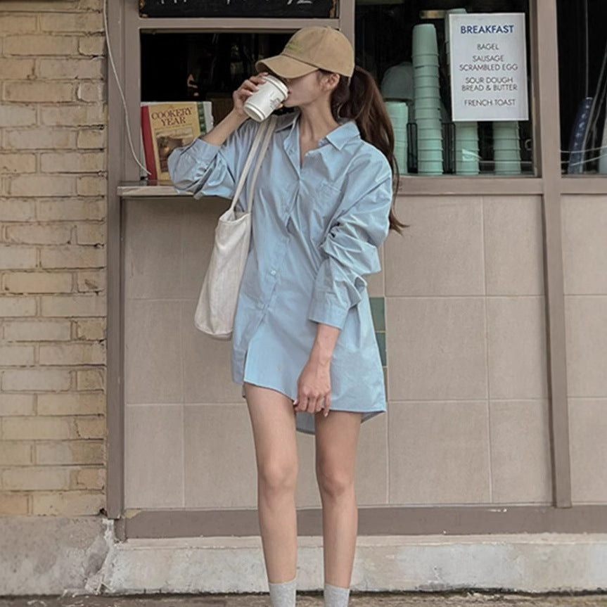 Women Lightweight Oversized Poplin Shirt Dress with Boxy Silhouette and Wide Cuffs Mune Fashion