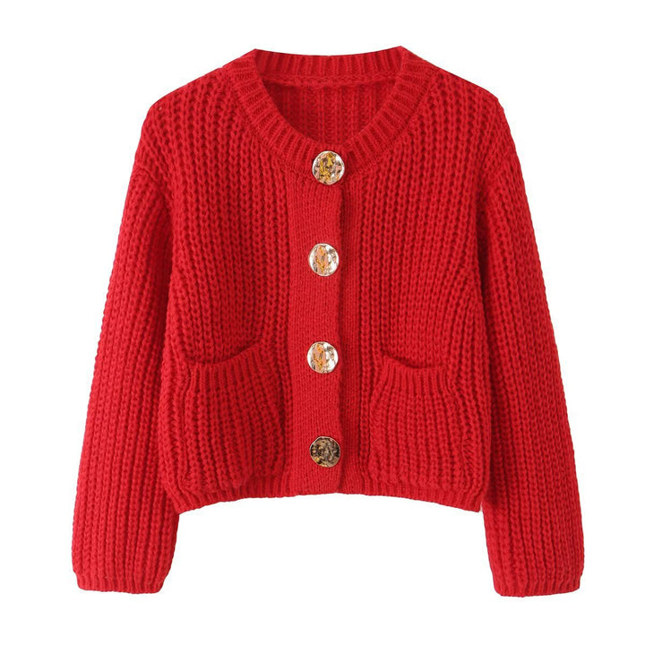 Women Chunky Knit Cropped Cardigan with Decorative Jewelry Buttons and Patch Pockets Mune Fashion