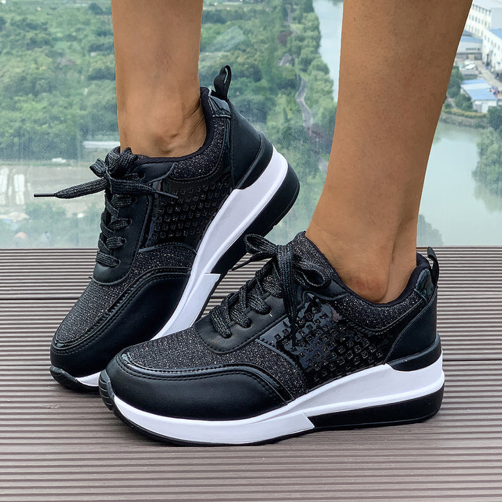 Women stylish wedge sneakers with metallic look large decorative stones and padded comfort footbed Mune Fashion
