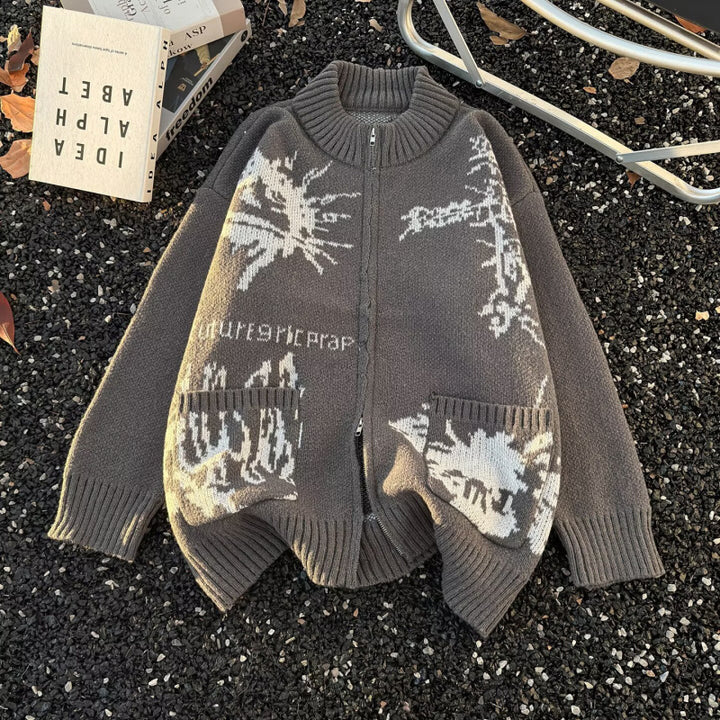 Unisex Chunky Knit Zip Cardigan with High Ribbed Collar, Jacquard Pattern and Patch Pockets Mune Fashion