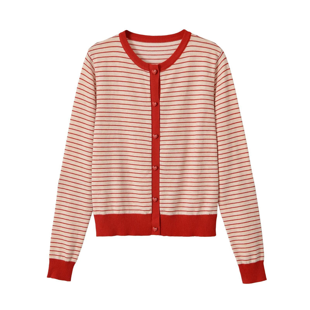Women Striped Cropped Fine Knit Cardigan with Heart Buttons and Rib Trimmings Mune Fashion
