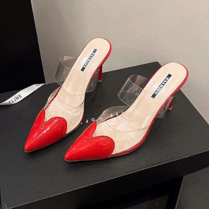 Women Elegant lace Mule pumps with transparent PVC straps and patent leather applications Mune Fashion