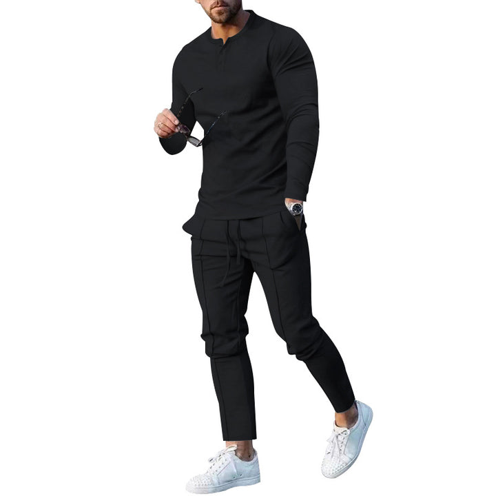 Men's nano athletic Henley long sleeve shirt and tapered jogging pants with decorative seams Mune Fashion