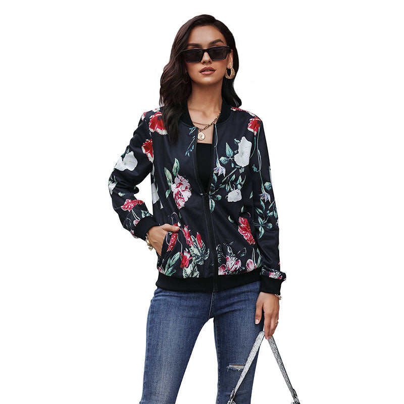 Women's floral bomber jacket with zipper, ribbed cuffs, and side pockets Mune Fashion