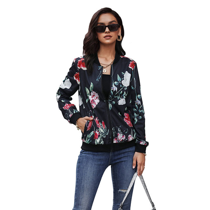 Women's floral bomber jacket with zipper, ribbed cuffs, and side pockets Mune Fashion