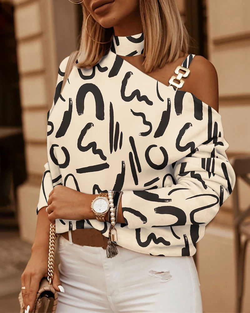 Women's Asymmetrical Off-Shoulder Long Sleeve Shirt with Choker Collar and Shoulder Straps Mune Fashion