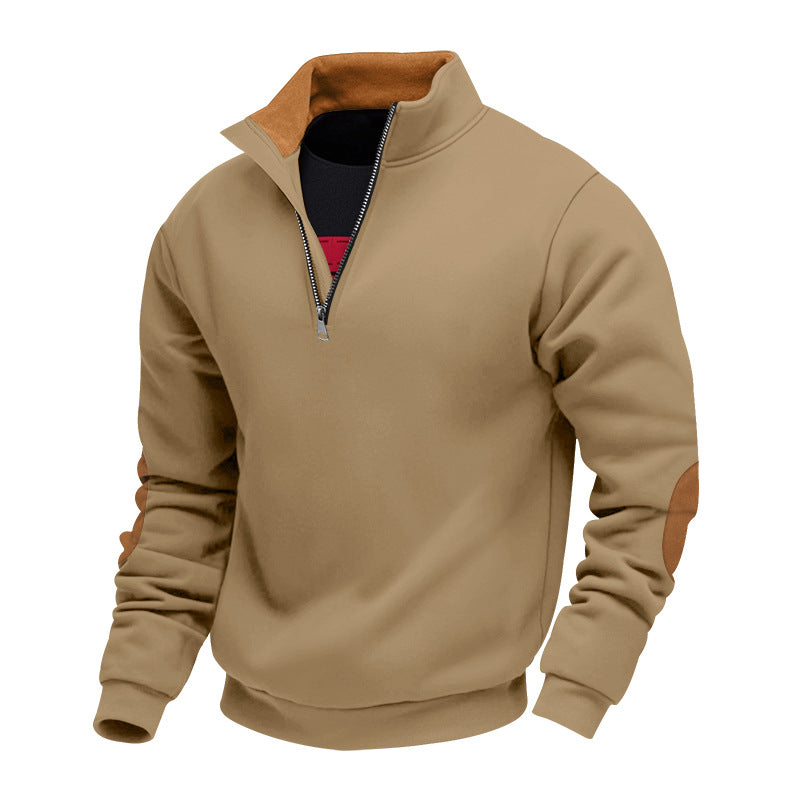 Men's nan Sweatshirt with half zipper, stand collar, and suede elbow patches Mune Fashion