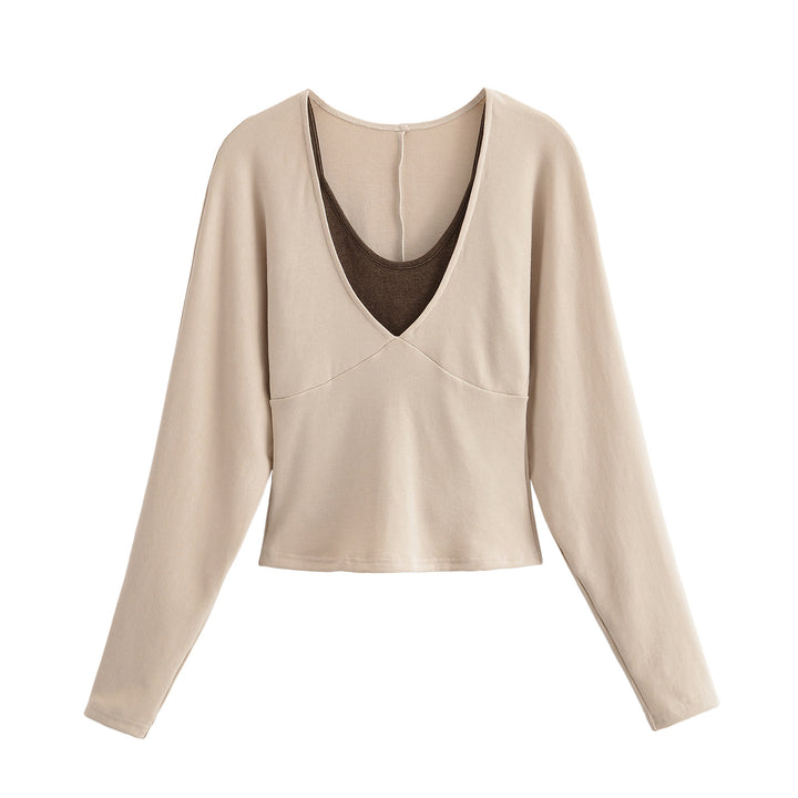 Women's Layered Look Long Sleeve Shirt with Deep V-Neck and Integrated Camisole Mune Fashion