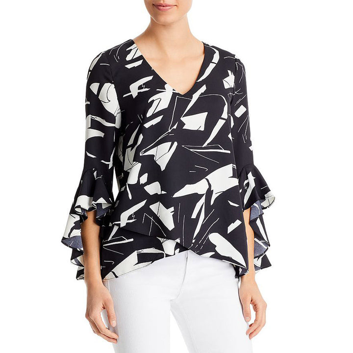 Women's chiffon blouse with V-neck, asymmetrical hem and ruffled sleeves Mune Fashion
