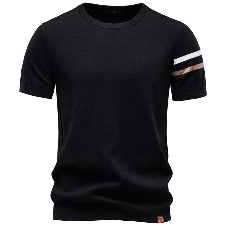 Men's fine cotton knit shirt with round neckline, short sleeves and contrasting sleeve stripes Mune Fashion