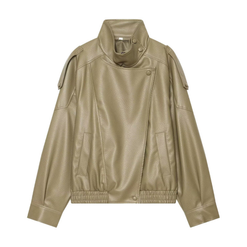 Women Faux Leather Bomber Jacket with High Stand Collar, Asymmetrical Closure and Elastic Hem Mune Fashion
