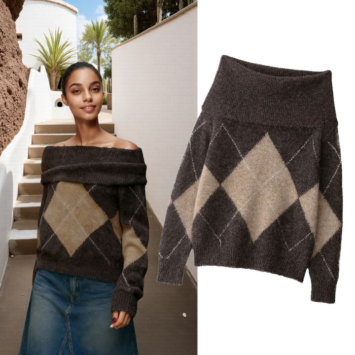 Women's Oversized Knit Sweater with Turtleneck and Diamond Pattern Mune Fashion