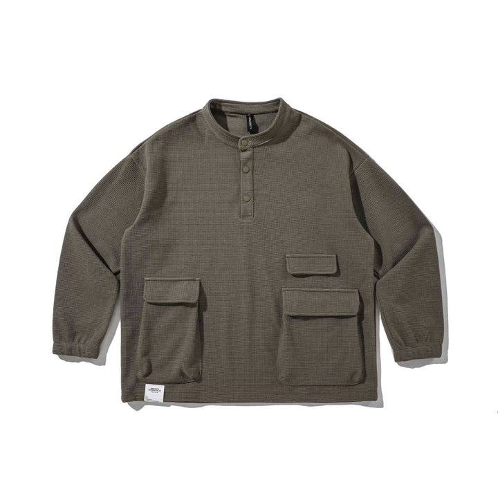 Men's Waffle Knit Henley Sweater with Stand Collar, Snap Placket, and Large Utility Pockets Mune Fashion
