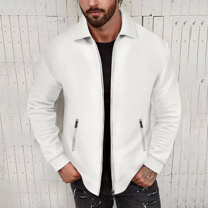 Men's nano minimalist stand collar fine knit transitional jacket with two-way zipper and concealed zip pockets Mune Fashion