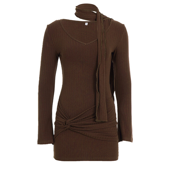 Women’s figure-hugging ribbed knit mini dress with knot detail, integrated loop and neck scarf Mune Fashion