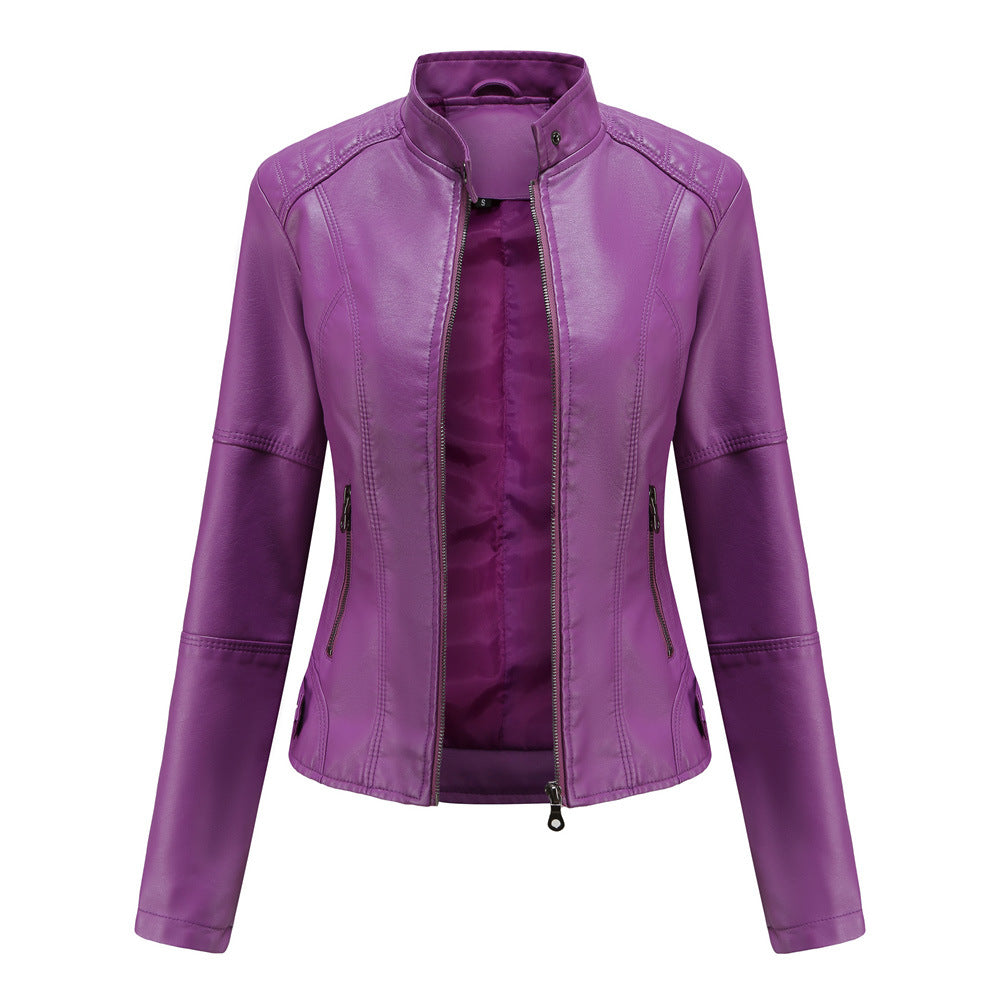 Women's fitted faux leather jacket with stand-up collar and full-length zipper Mune Fashion