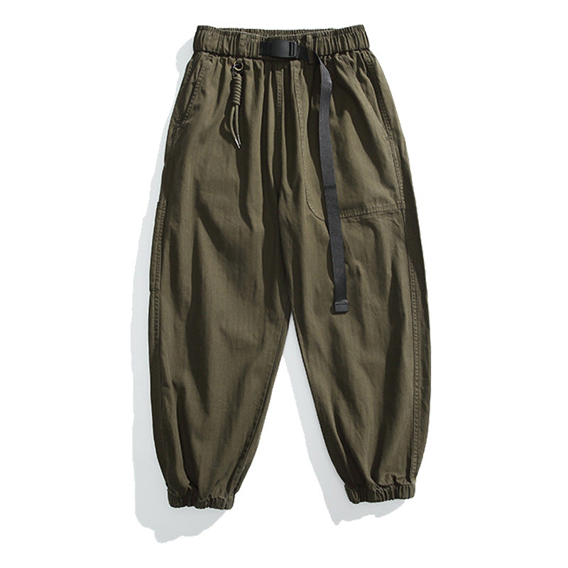 Men's Loose Canvas Cargo Jogging Pants in Utility Style with Elastic Waistband, Integrated Woven Belt and Cuffs