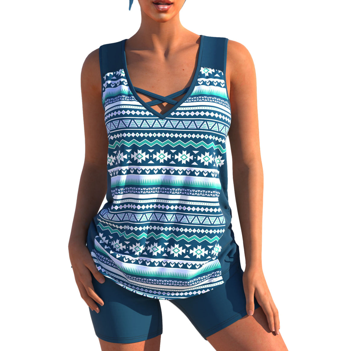 Women's sporty tankini two-piece with V-neck and crossed chest straps Mune Fashion
