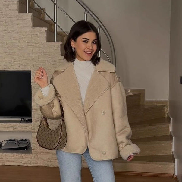 Ladies short jacket in lamb fur look with shawl collar and side patch pockets Mune Fashion
