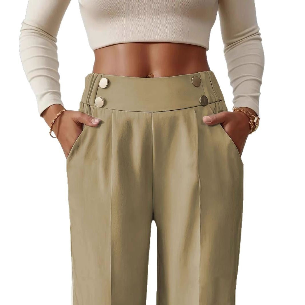 Women's High-Waisted Wide Marlene Pants with Decorative Button Waistband and Ironed Pleat Mune Fashion