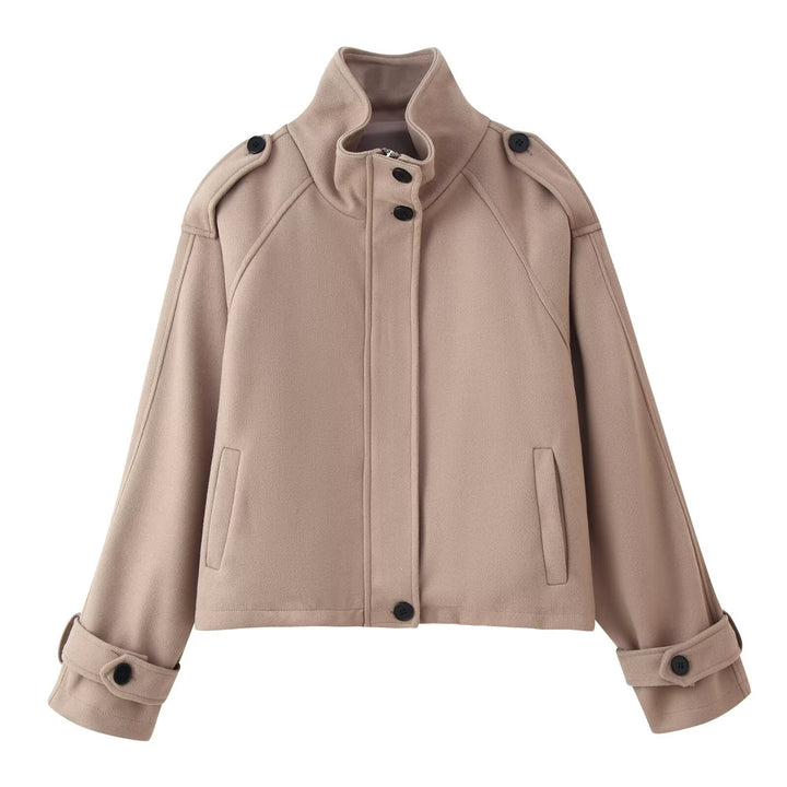 Women's short wool jacket with stand-up collar, shoulder flaps, concealed button placket, and adjustable cuffs Mune Fashion