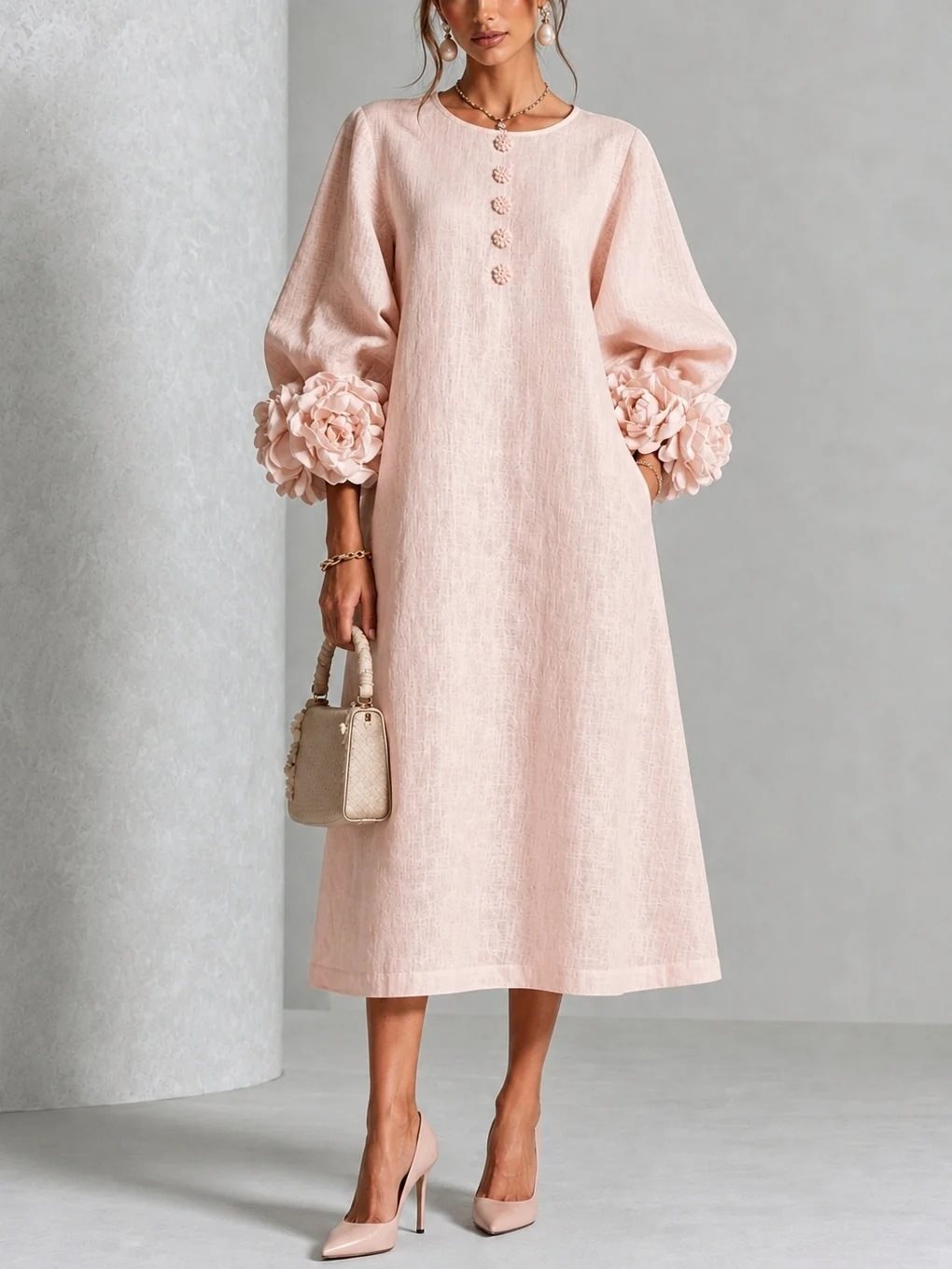 Women's midi dress made of linen with balloon sleeves and 3D flower cuffs Mune Fashion