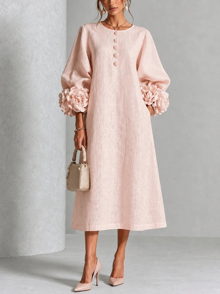 Women's midi dress made of linen with balloon sleeves and 3D flower cuffs Mune Fashion