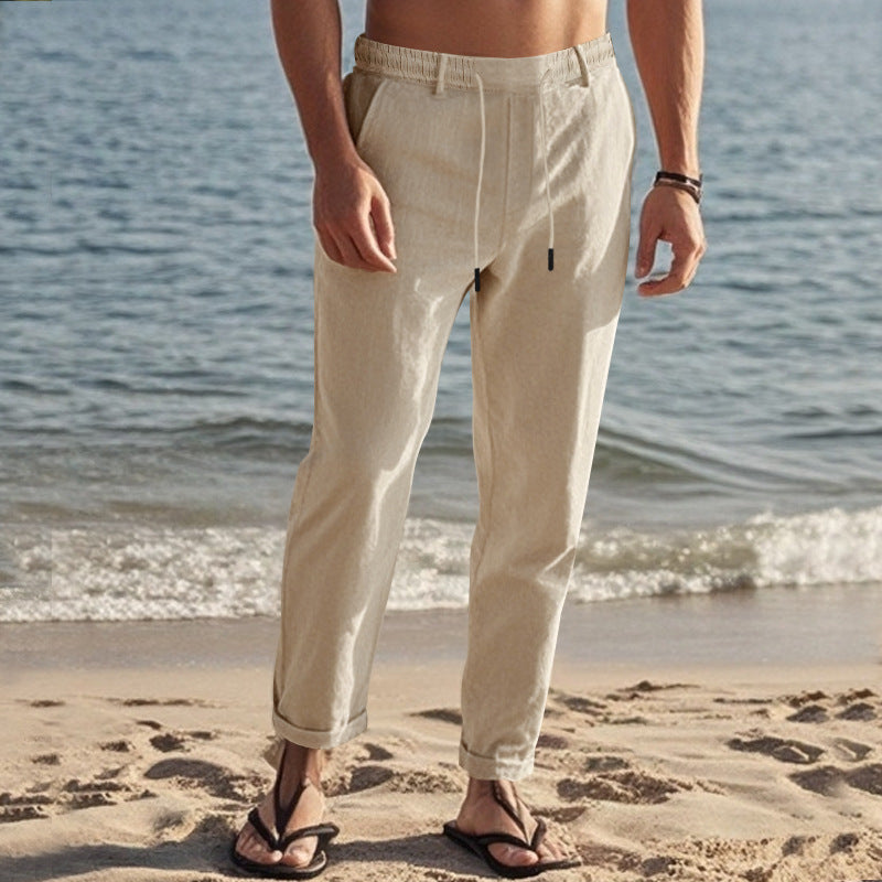 Men's casual chino with linen look, elastic waistband and slim ankle fit Mune Fashion