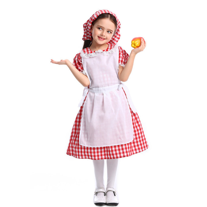 Ladies traditional farmer girl dress with lace apron and hood Mune Fashion