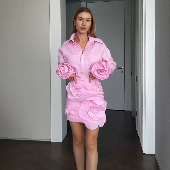 Women's Shirt Blouse-Mini Skirt Set with Voluminous 3D Rose Appliqués and Pearl Details Mune Fashion