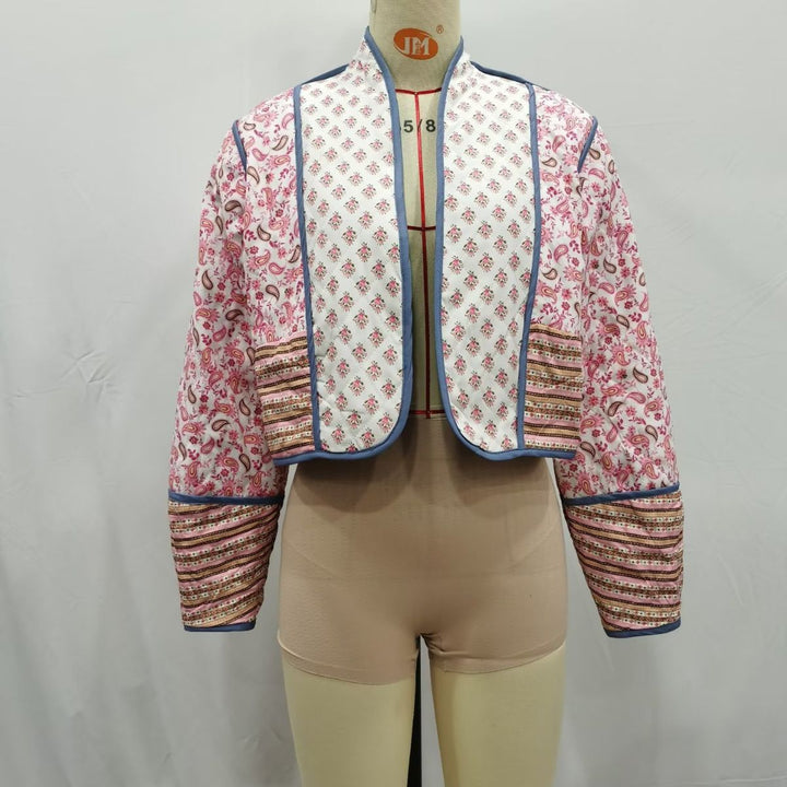 Women's Short Quilted Patchwork Jacket with Paisley and Floral Prints, Open Kimono Cut and Contrast Piping Mune Fashion