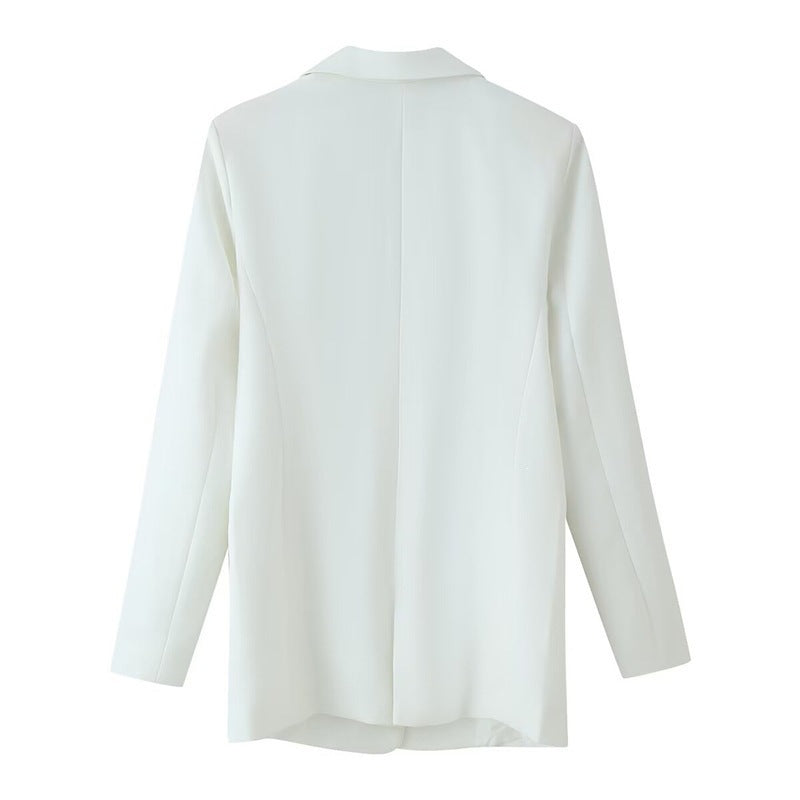 Women double-breasted longline blazer with lapel collar and decorative buttons Mune Fashion
