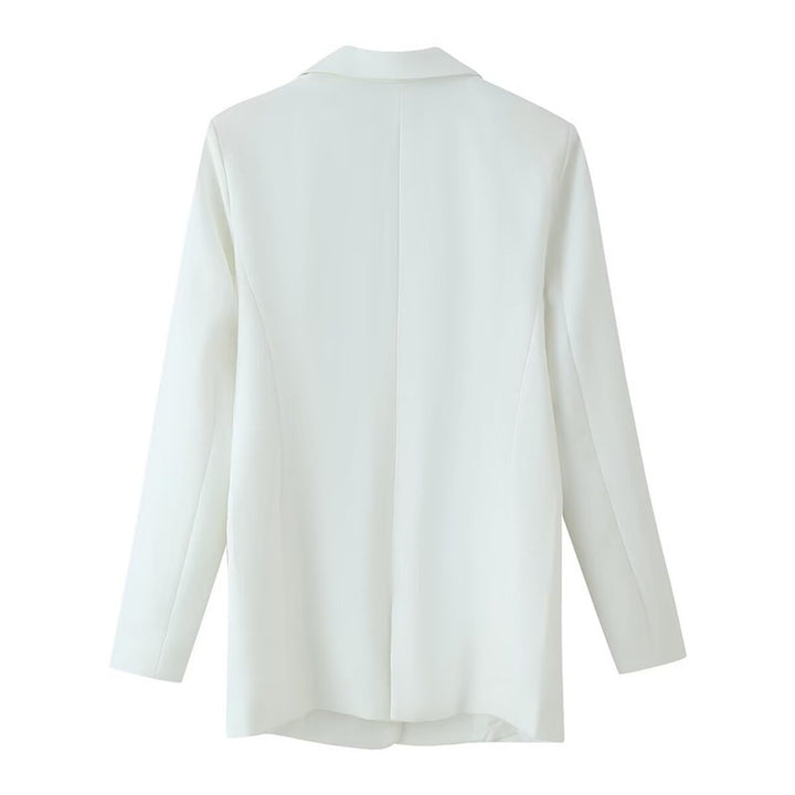 Women double-breasted longline blazer with lapel collar and decorative buttons Mune Fashion