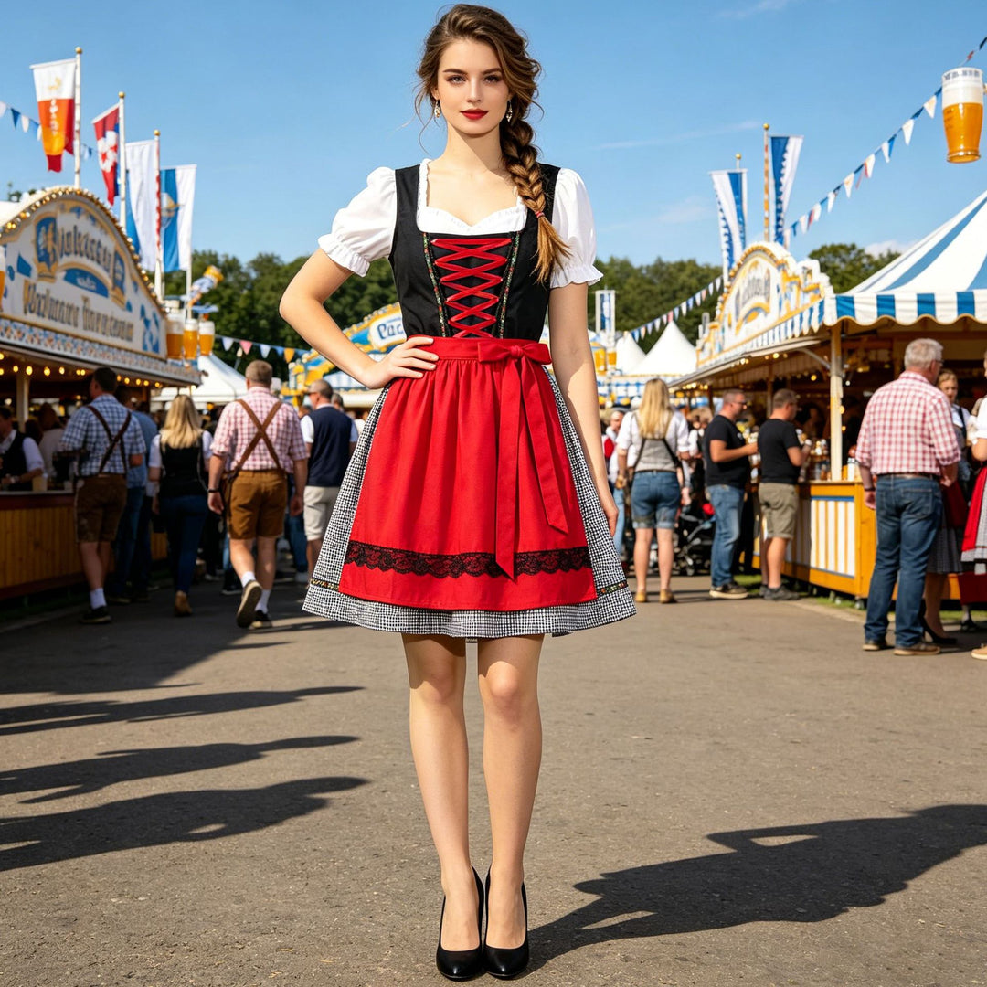 Ladies nan short traditional dirndl dress with laced bodice, puff sleeve blouse and attached apron Mune Fashion