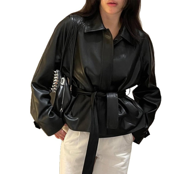Women's Tailorable Faux Leather Jacket with Wrap Belt and Boxy Silhouette Mune Fashion