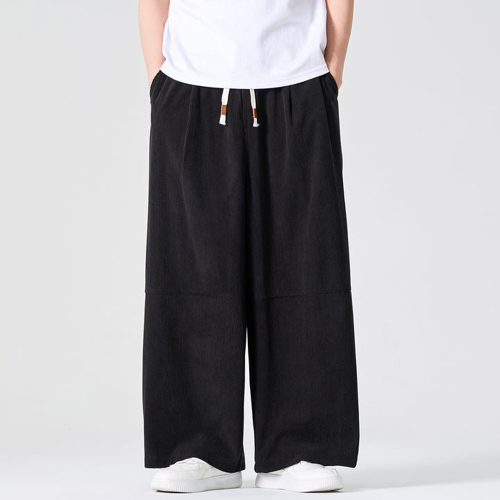 Men's Wide Cord Pants in Palazzo Cut with Elastic Waistband and Drawstring Mune Fashion