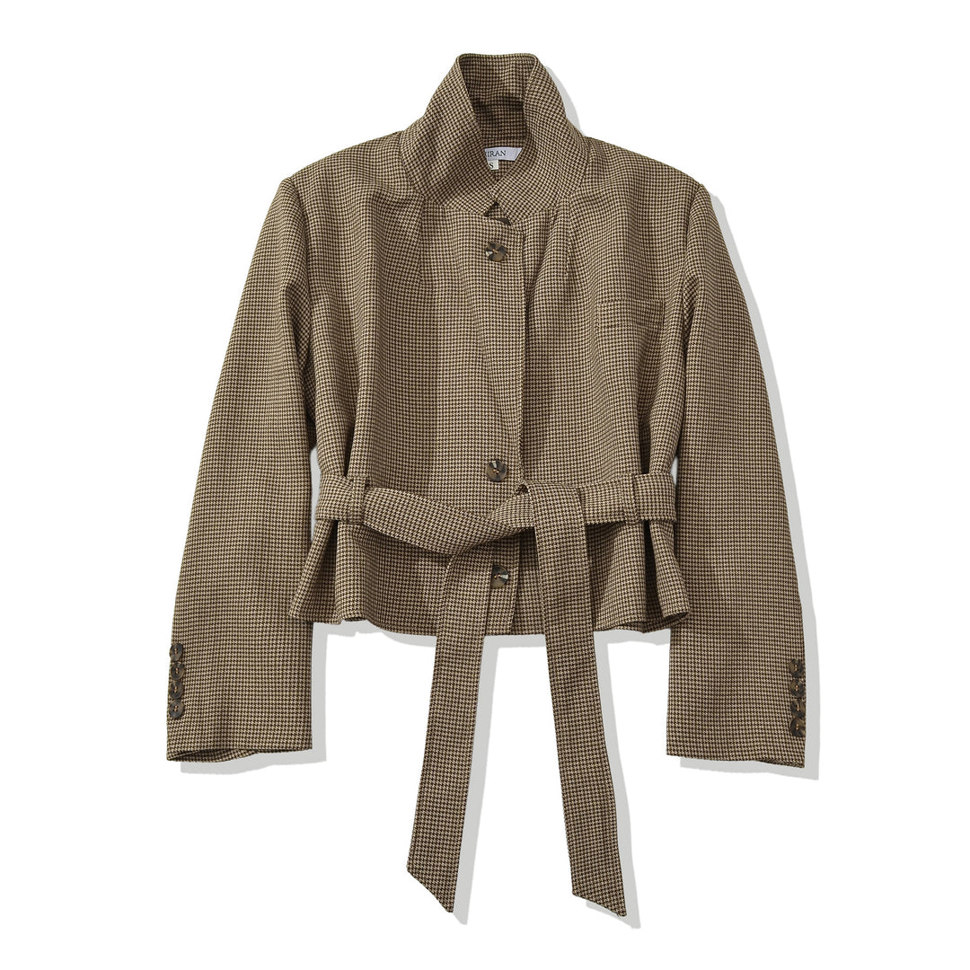 Women Cropped Blazer with Waist Belt, Houndstooth Pattern and Lapel Collar Mune Fashion