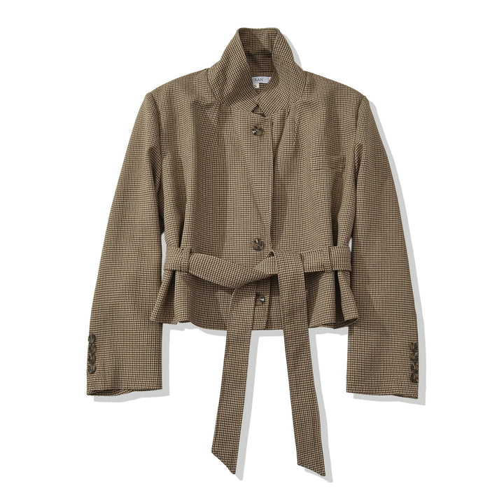 Women Cropped Blazer with Waist Belt, Houndstooth Pattern and Lapel Collar Mune Fashion