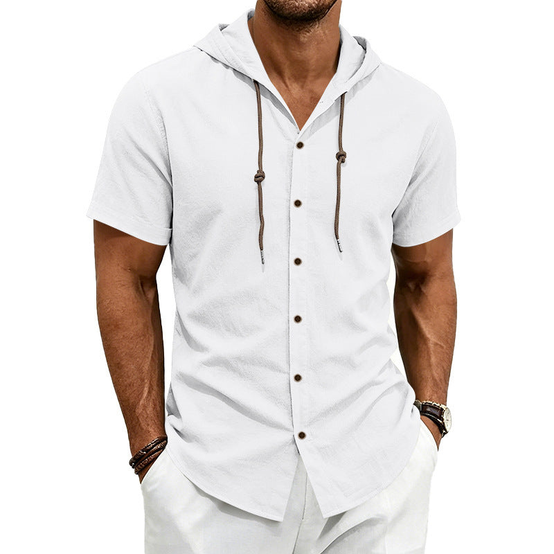 Men's short-sleeve hooded shirt in linen look with button placket and drawstring Mune Fashion