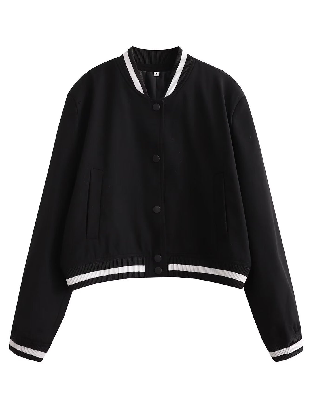 Women nan short college bomber jacket with snap button closure, ribbed stripe waistband and side pockets Mune Fashion