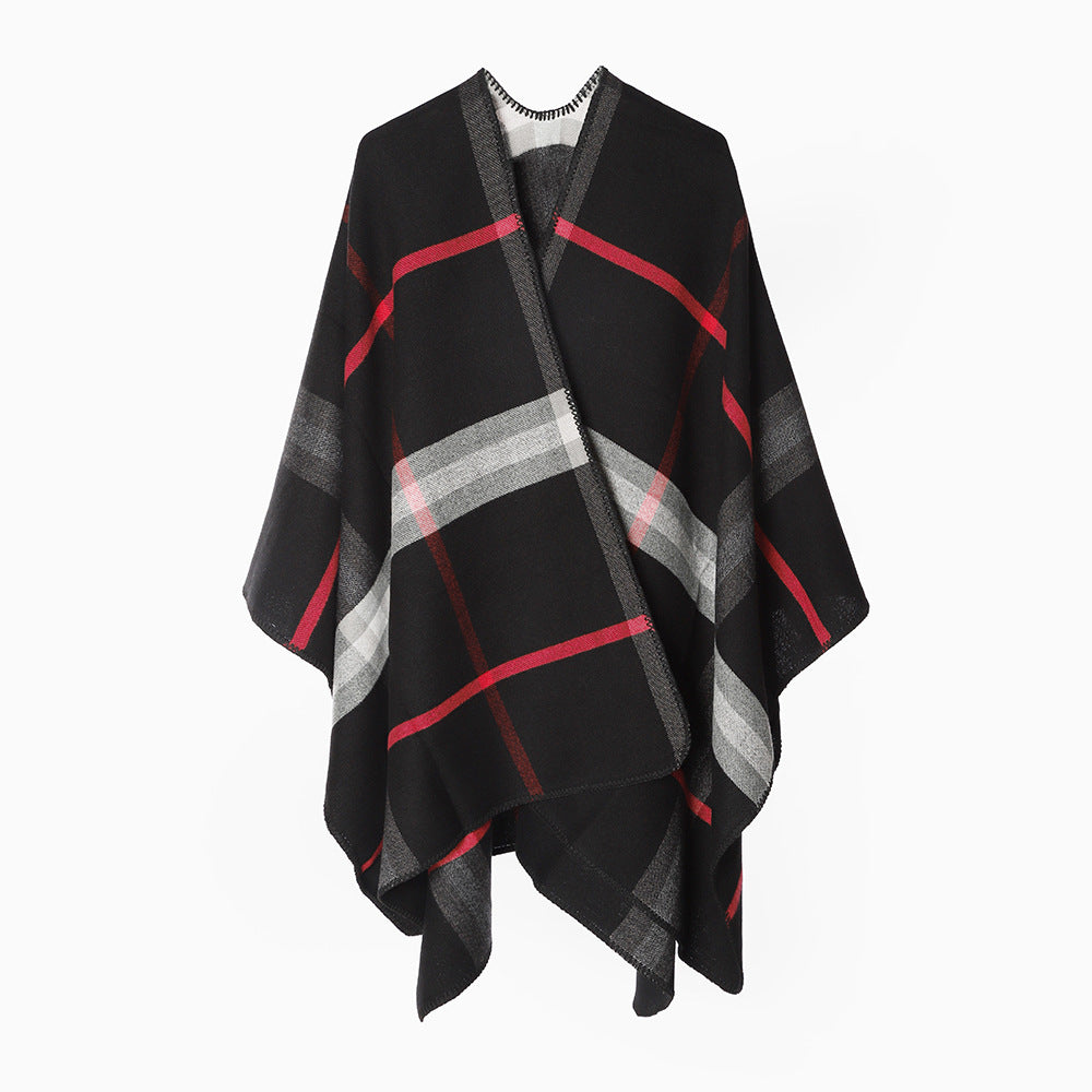 Women's Checked Wool Blend Poncho in Oversized Cape Cut with Decorative Stitch Edge Mune Fashion