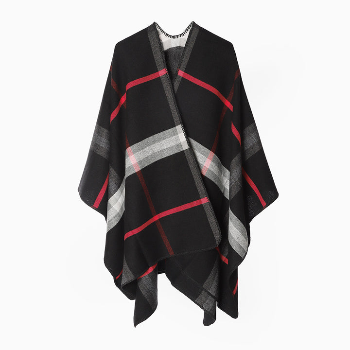 Women's Checked Wool Blend Poncho in Oversized Cape Cut with Decorative Stitch Edge Mune Fashion