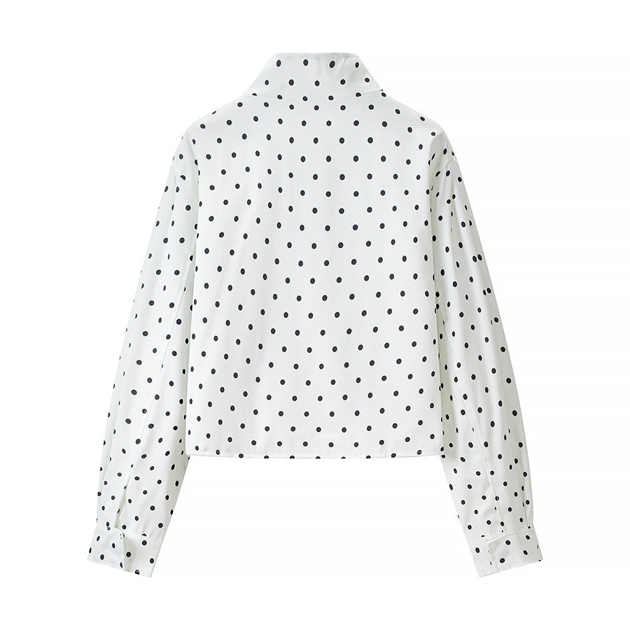 Women Polka Dot Short Jacket with Stand Collar and Concealed Snap Button Placket Mune Fashion