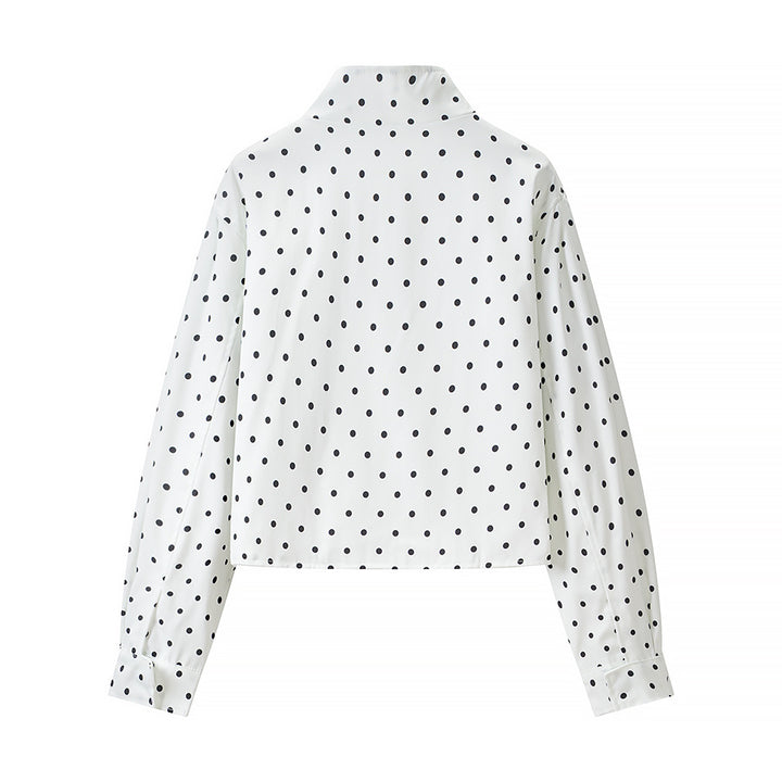 Women Polka Dot Short Jacket with Stand Collar and Concealed Snap Button Placket Mune Fashion