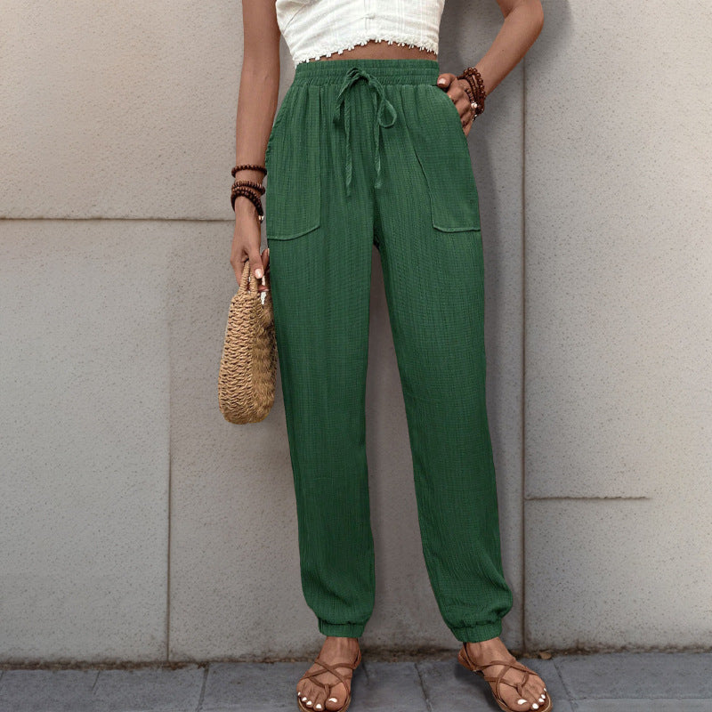 Women Loose Linen Look Jogger Pants with High Elastic Waistband, Drawstring, Patch Pockets & Elastic Cuffs Mune Fashion