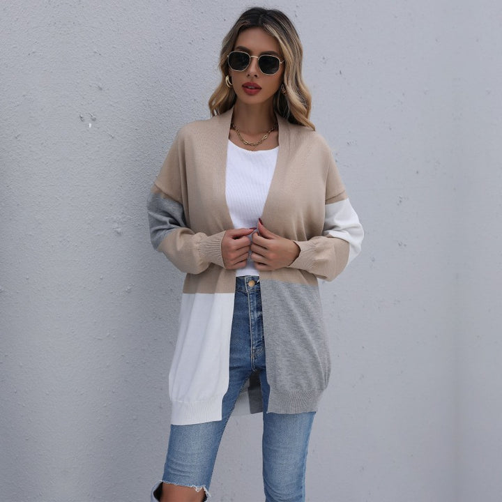 Women's Long Colorblock Fine Knit Cardigan with Open Front and Dropped Shoulder Mune Fashion