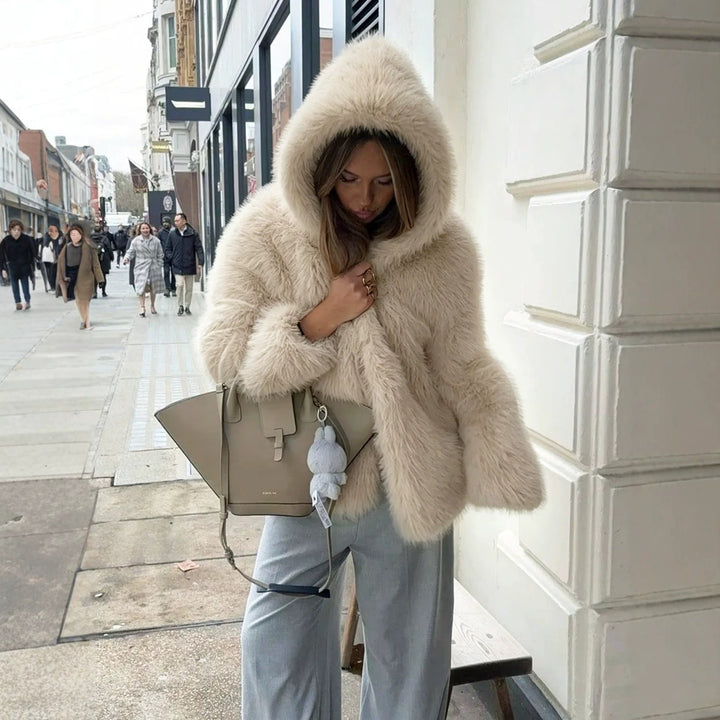 Women's Cropped Faux Fur Jacket with Hood, Dense Long Pile and Boxy Silhouette Mune Fashion
