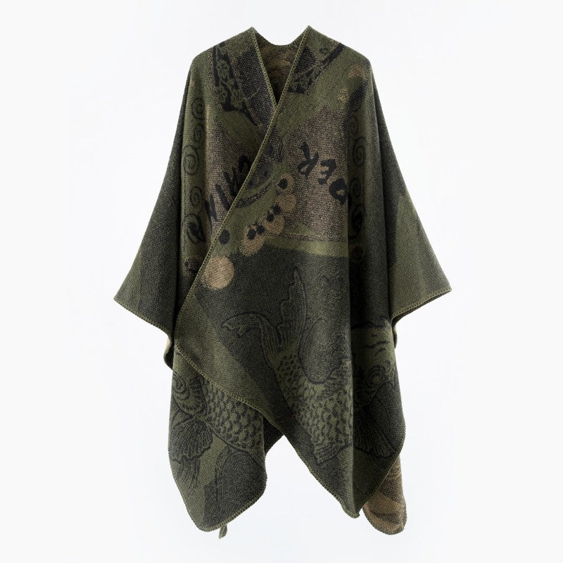 Women Jacquard Poncho with Fish Motif and Open Oversize Cut Mune Fashion