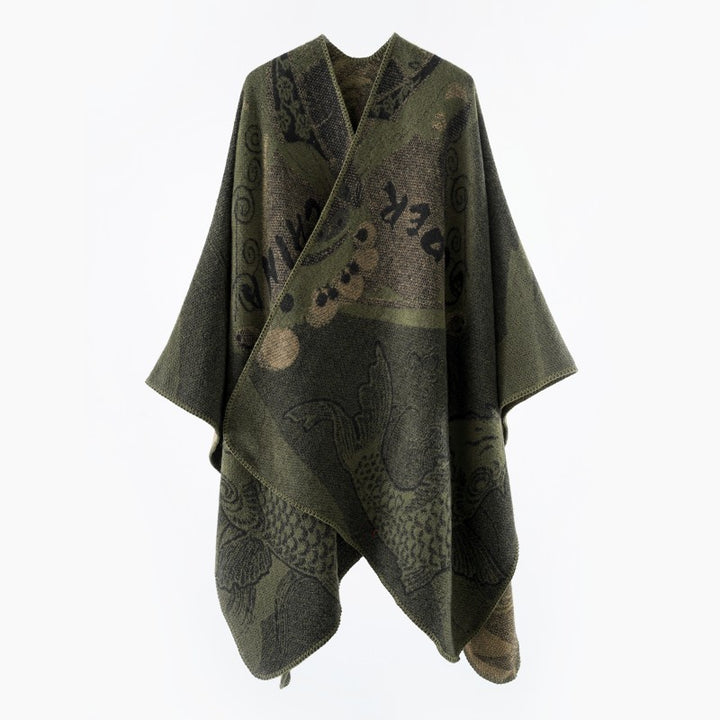 Women Jacquard Poncho with Fish Motif and Open Oversize Cut Mune Fashion