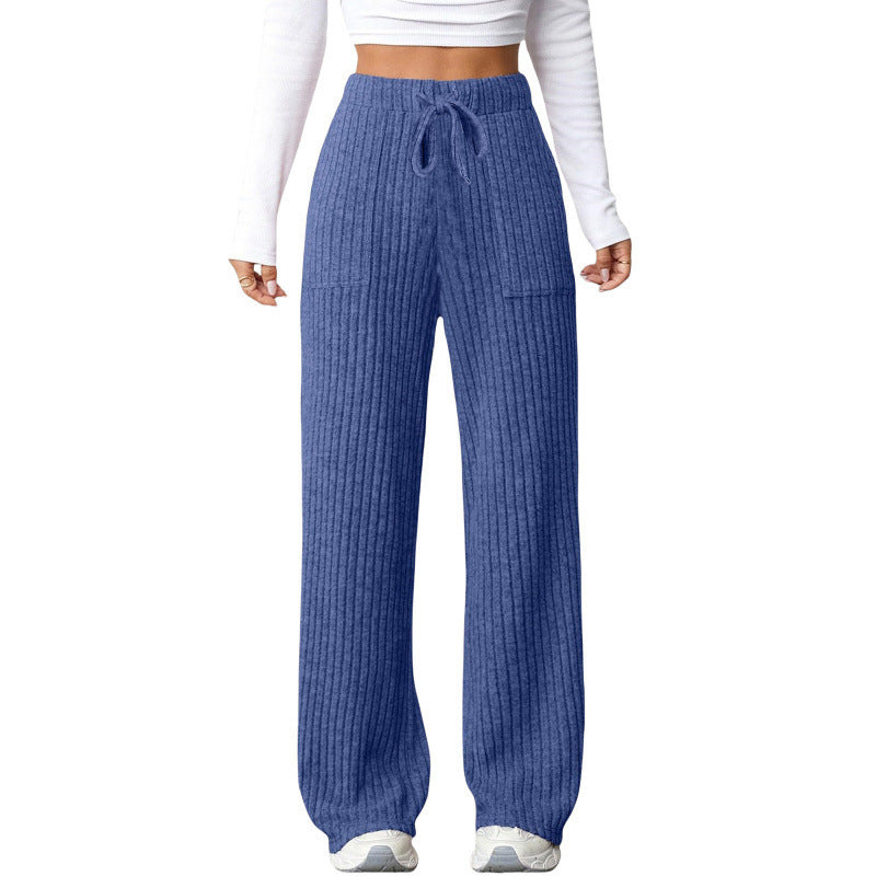 Ladies Wide Ribbed Lounge Pants with Drawstring and Patch Pockets Mune Fashion